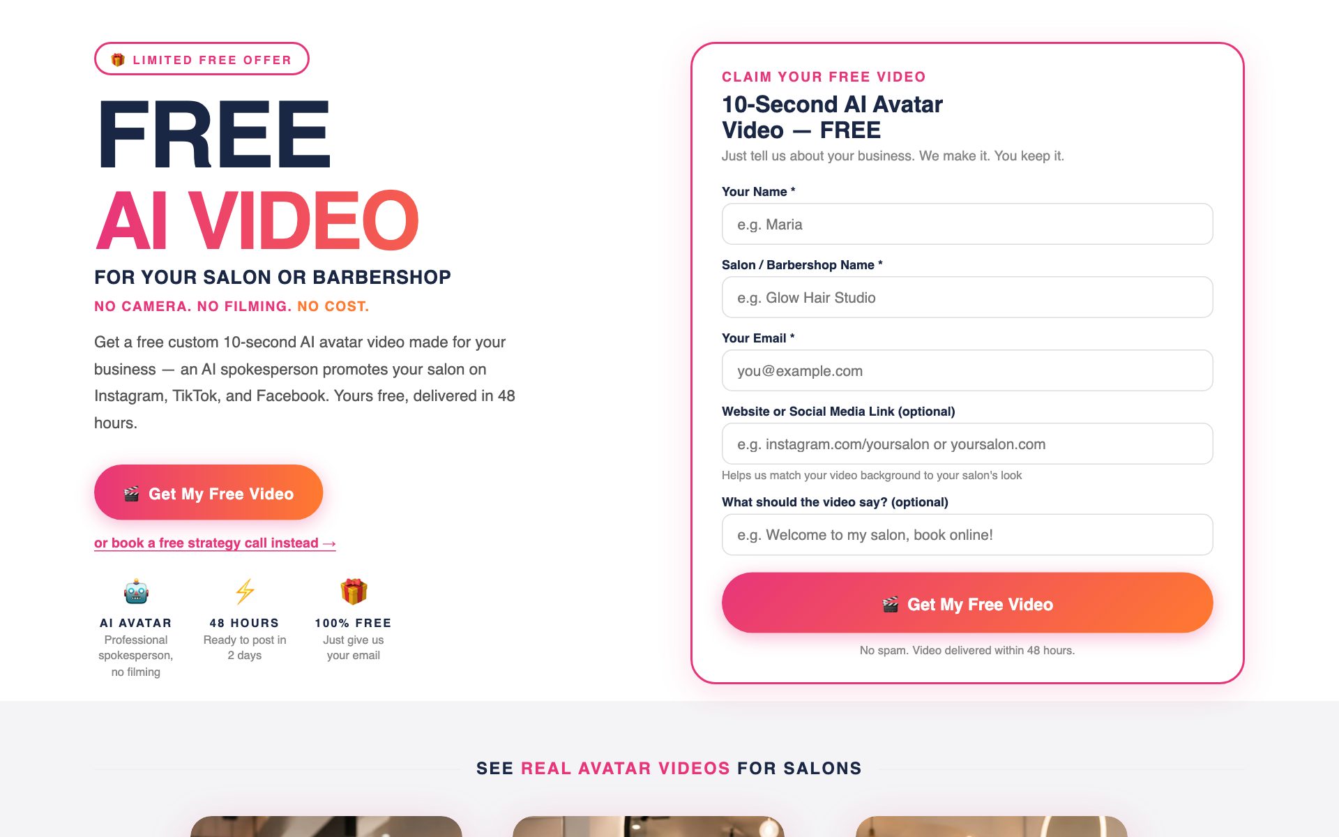 Free AI video landing page for salons